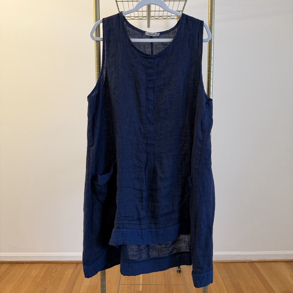 Lungo L'Arno Dress Tunic Womens 2X Navy Linen Sleeveless A-Line Pockets Italy